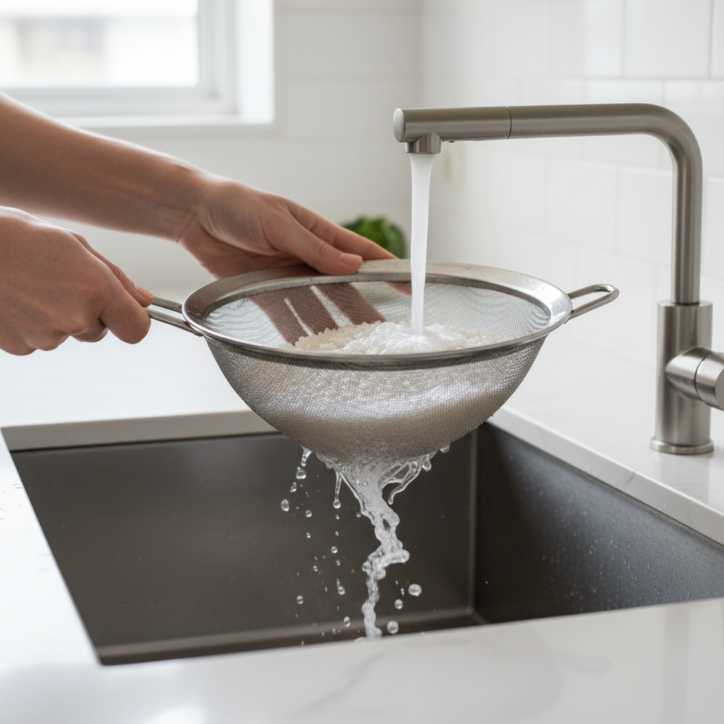 Rinsing white rice in a fine mesh strainer under running water