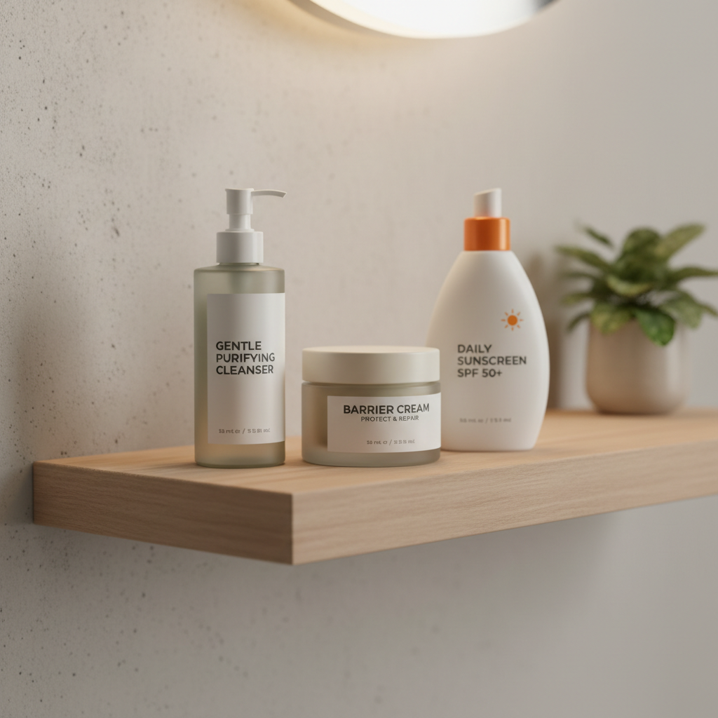 Simple dry skin routine with cleanser, moisturizer, and sunscreen on bathroom shelf