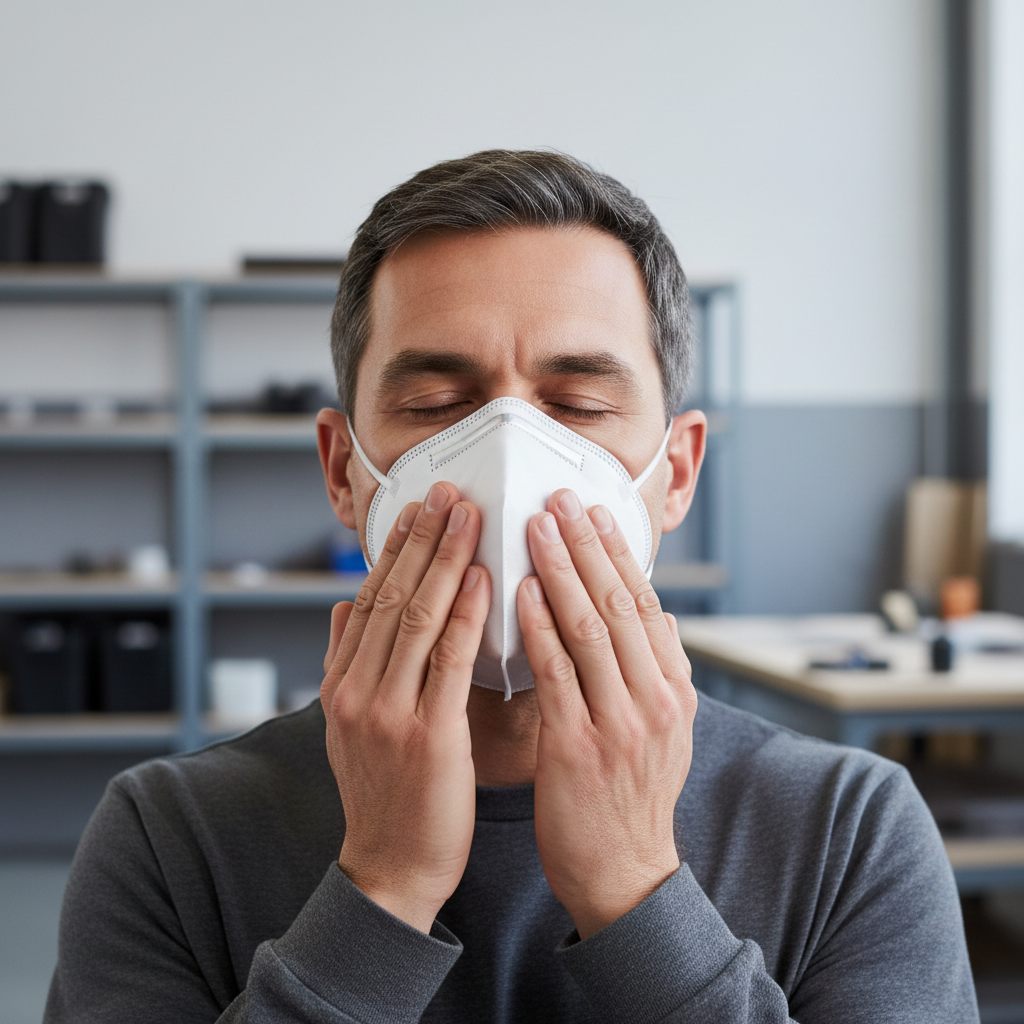 Person performing a seal check on a disposable N95 dust mask