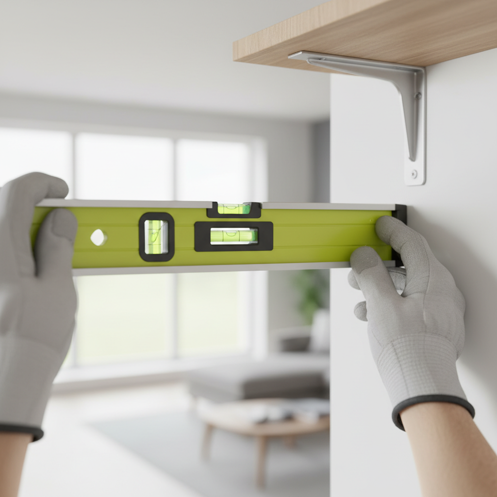 Using a spirit level on a wall-mounted shelf bracket