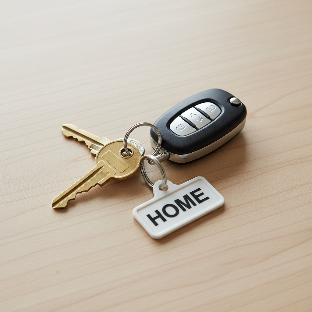 Organized car keys on a key chain with labeled rings and a car fob