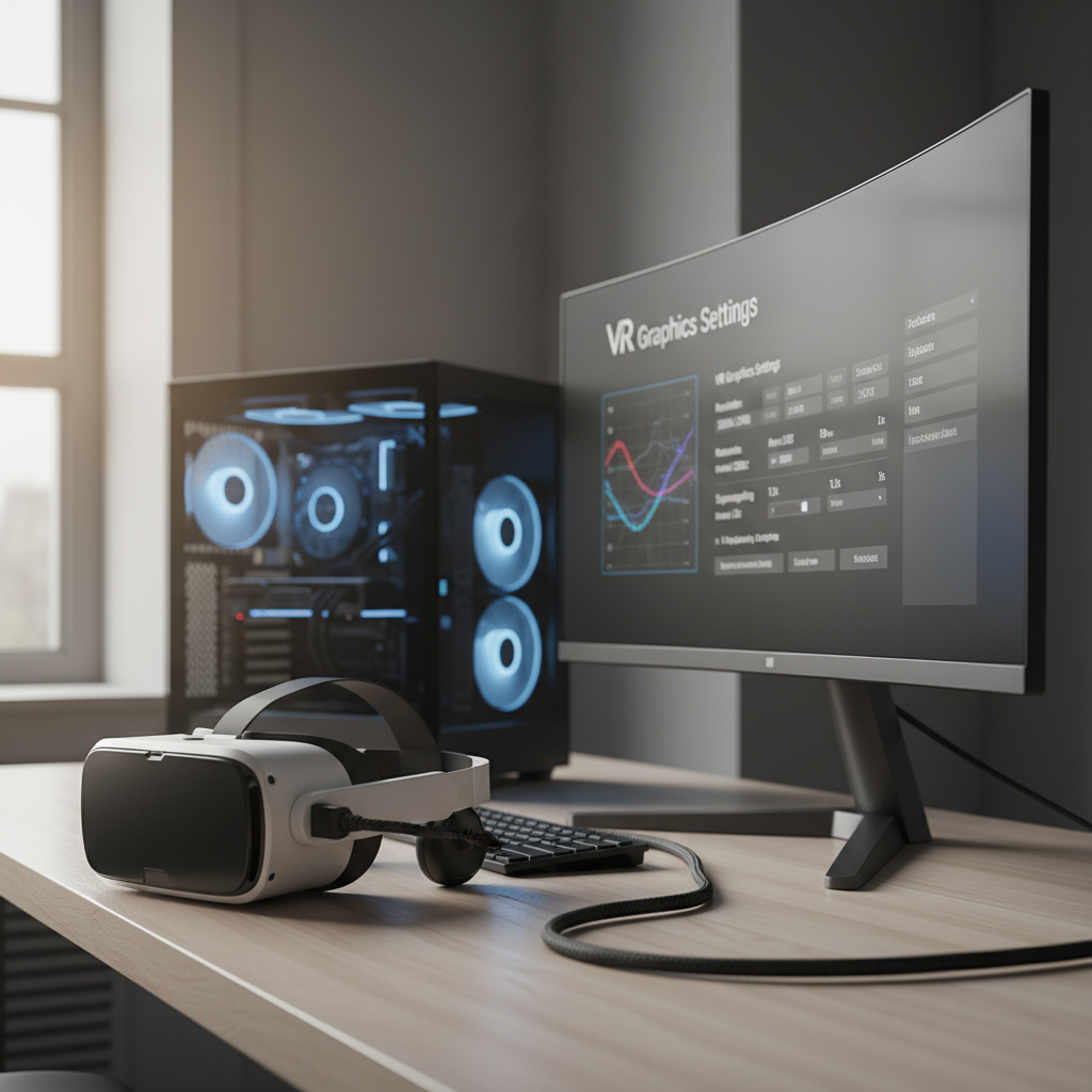 VR headset connected to gaming PC showing graphics settings tuning