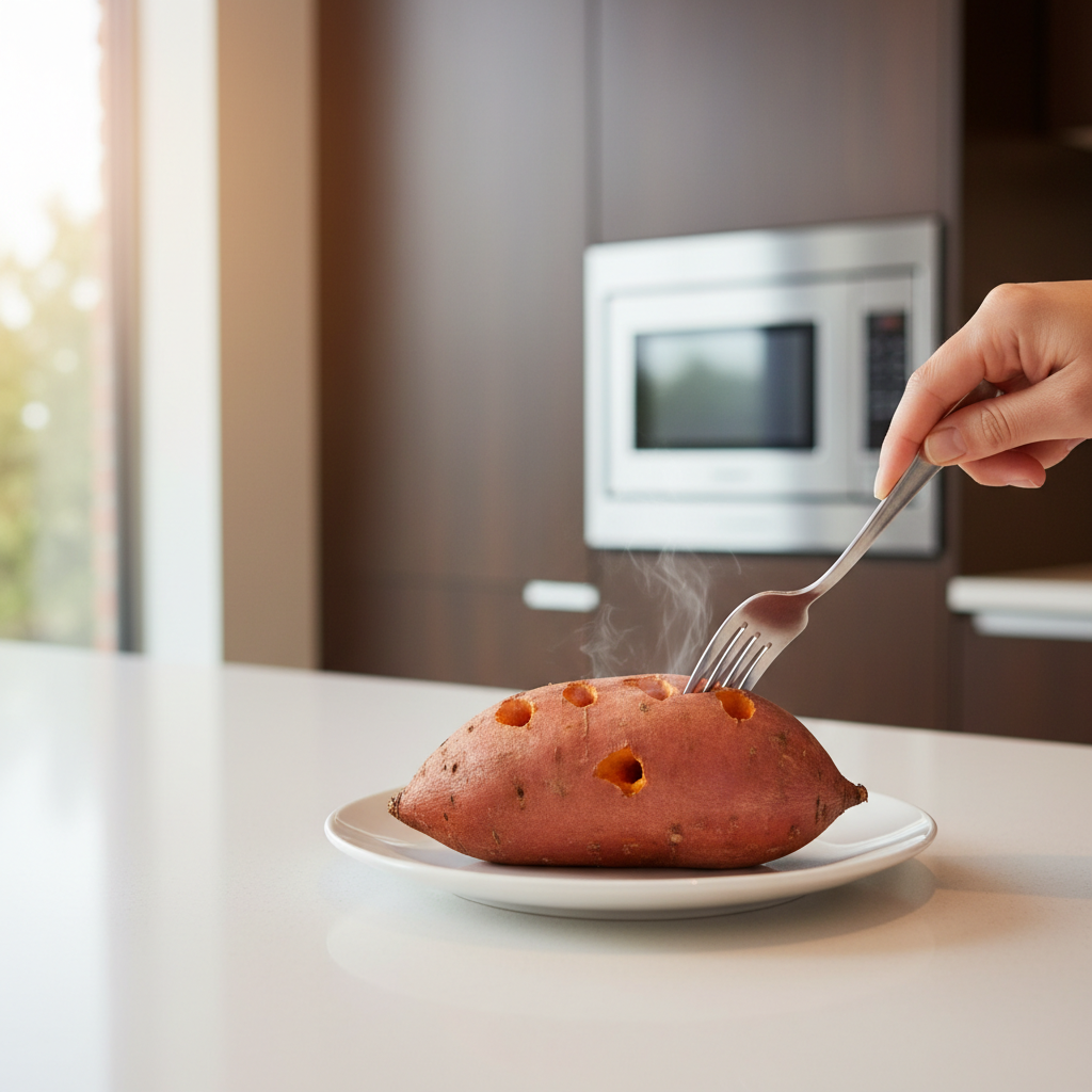 Microwaving a sweet potato with fork pierces on a microwave-safe plate