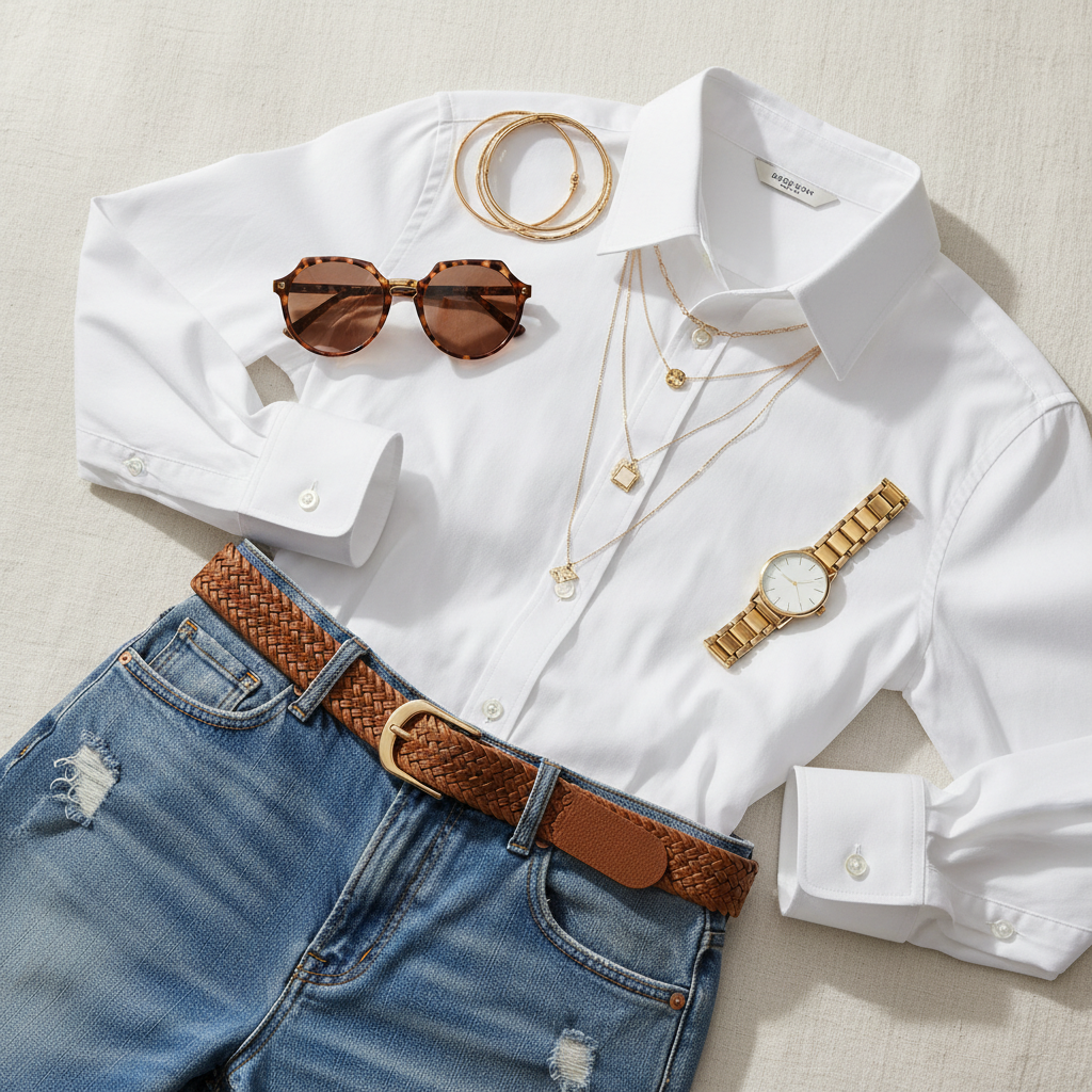 White shirt outfit styling flat lay with accessories