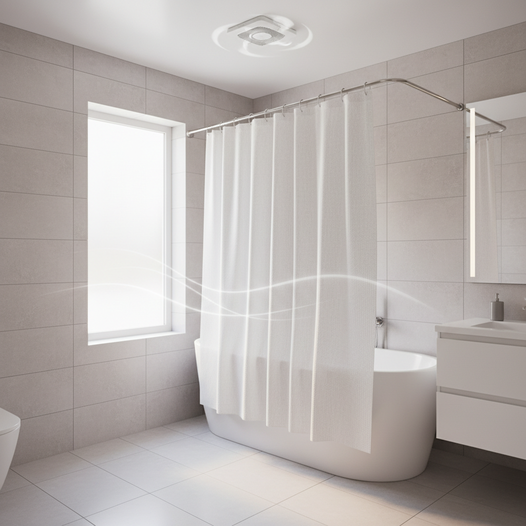 Fabric shower curtain rehung to air-dry with bathroom exhaust fan running