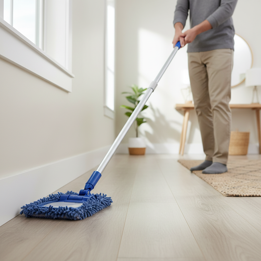 Long-handled baseboard cleaning tool used along a hallway baseboard