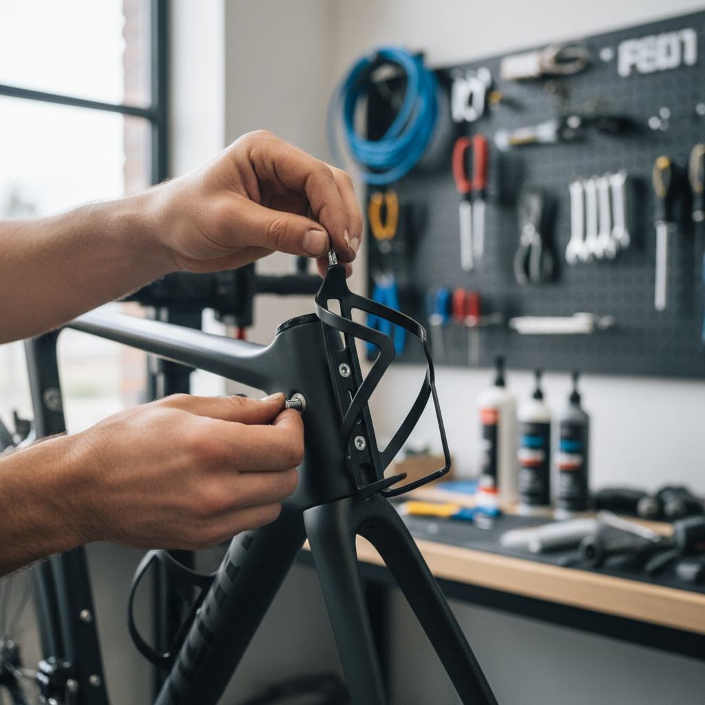 Close-up of hand-threading an M5 bolt into a bike bottle cage boss
