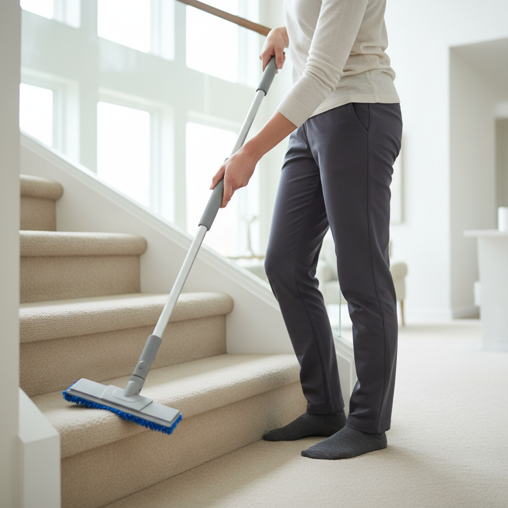 Cleaning baseboards on stairs using a microfiber pad on a handled tool