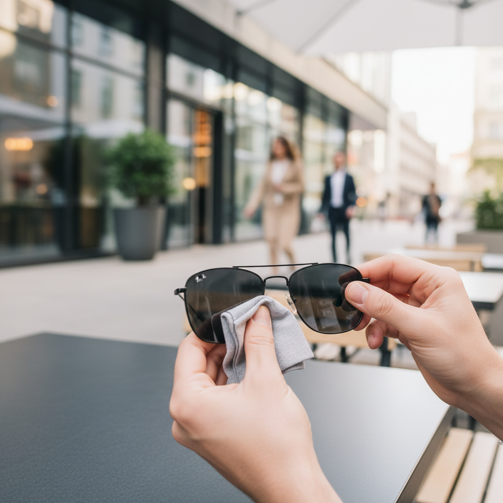 Safe on-the-go sunglasses lens cleaning with a pre-moistened lens wipe