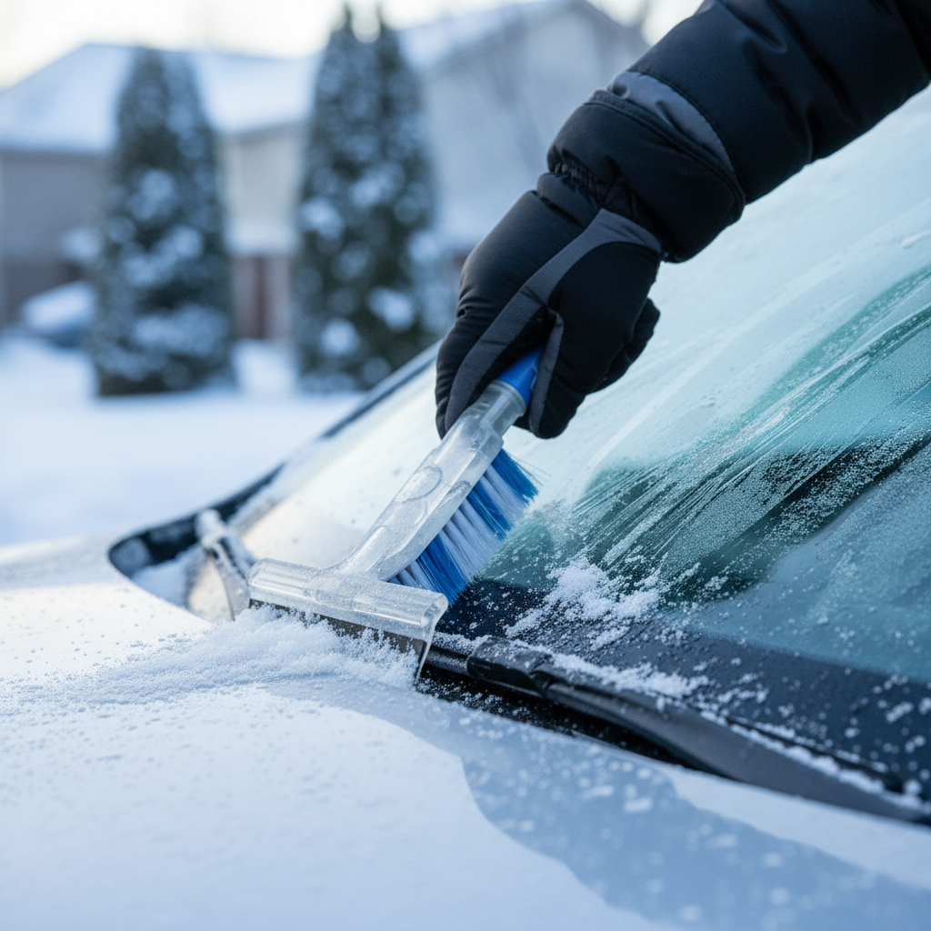 Safe ice scraping technique on windshield with scraper and snow brush
