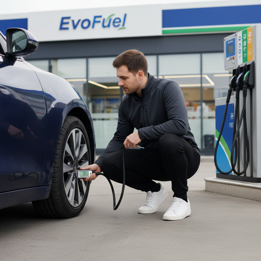 Driver checking tire pressure with a gauge at a gas station air pump