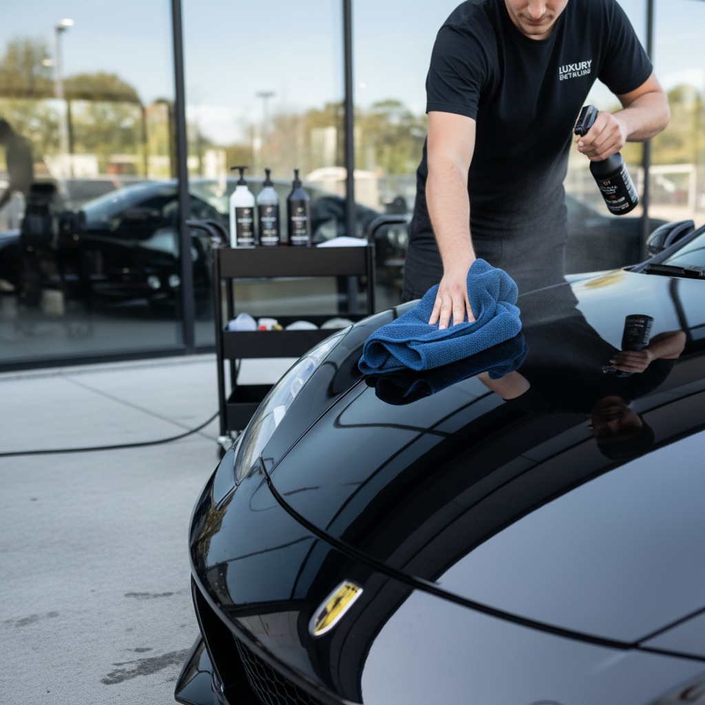Drying a freshly hand-washed car with microfiber towel and spray sealant