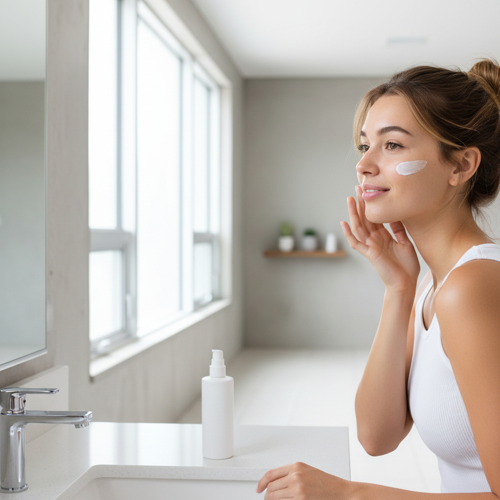 Woman applying broad-spectrum sunscreen in bathroom mirror for beginner skincare routine