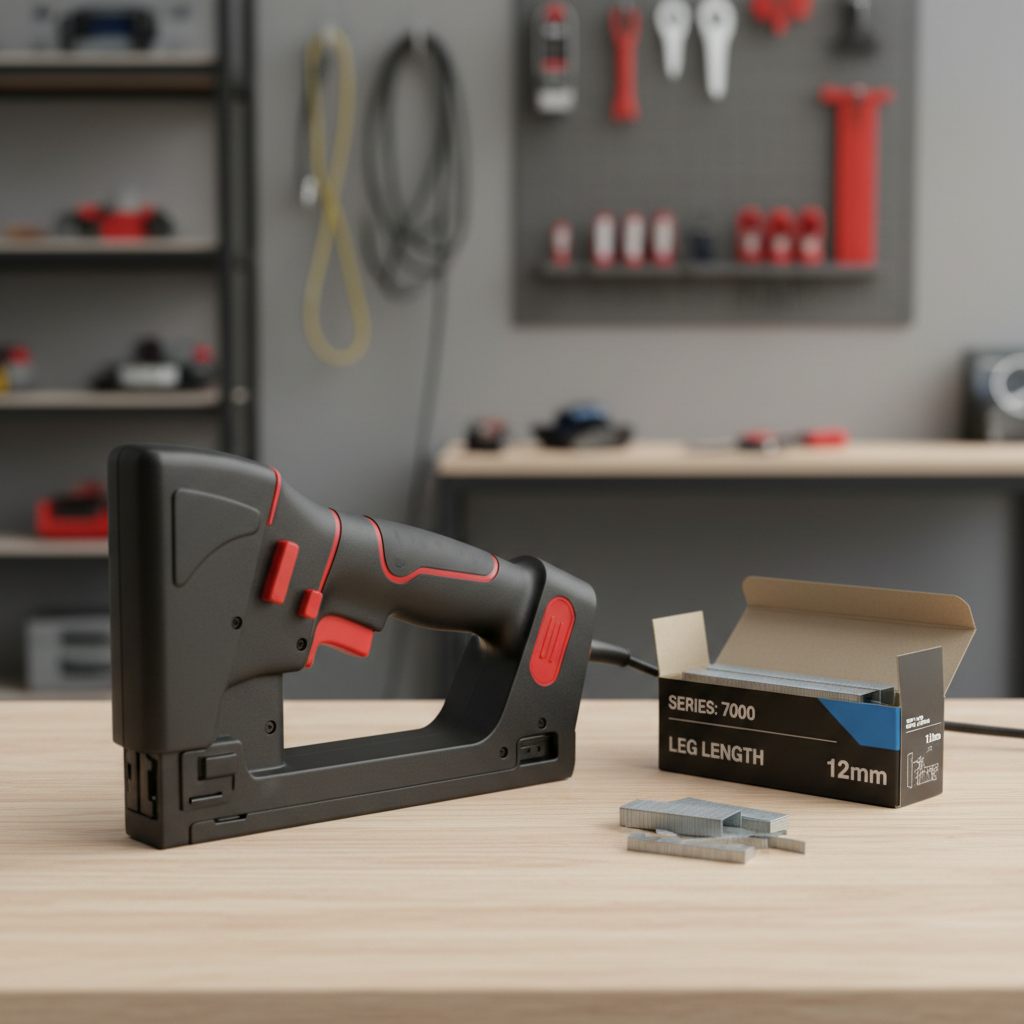 Staple box specs showing series and leg length next to electric staple gun