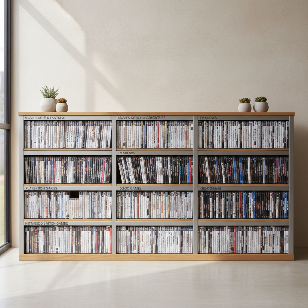 Organized DVDs and video games on a living room media shelf