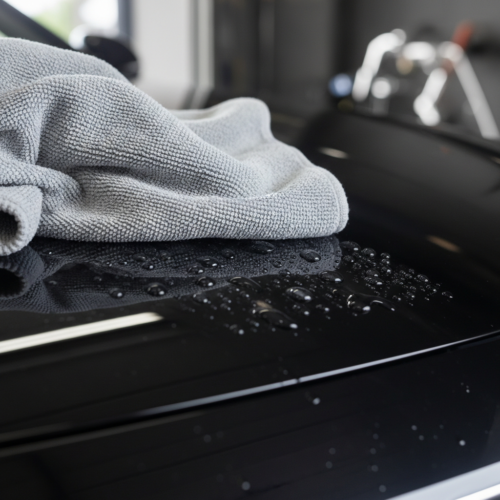 Microfiber drying towel and car paint close-up to prevent scratches