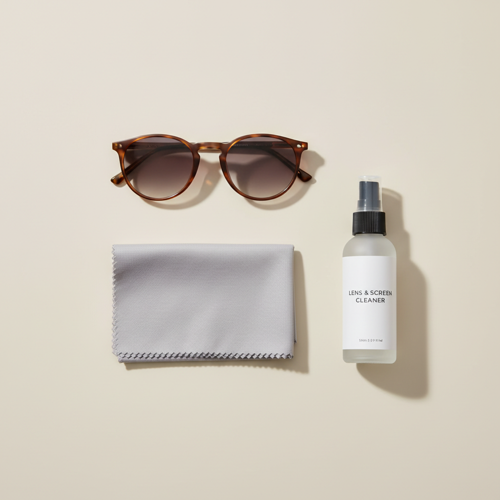 Microfiber cloth and lens-safe spray for cleaning sunglasses lenses
