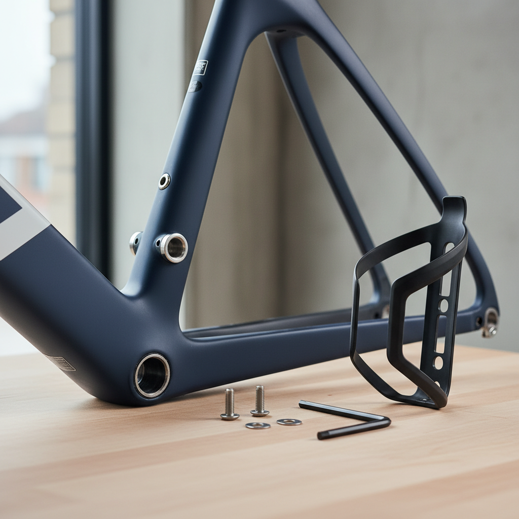 Bike frame bottle cage mounts and hardware laid out for installation