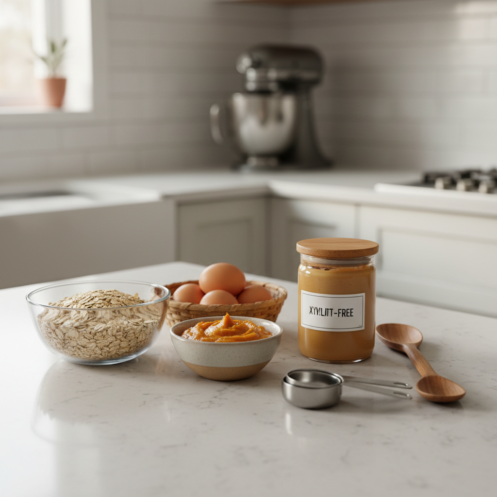 Simple homemade dog treats ingredients on a kitchen counter