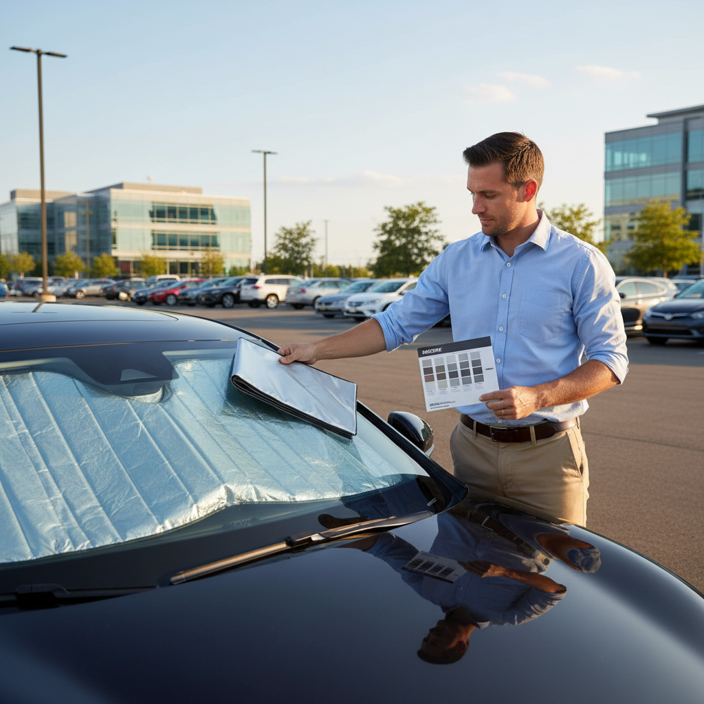 Driver using a windshield sunshade and checking legal window tint for summer heat protection