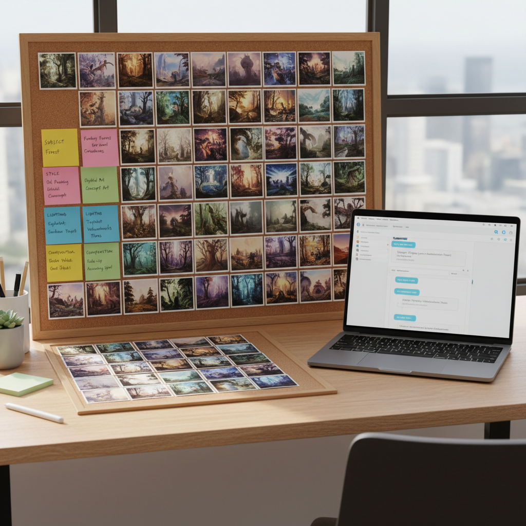 Prompt iteration workflow for Midjourney art with notes and variations