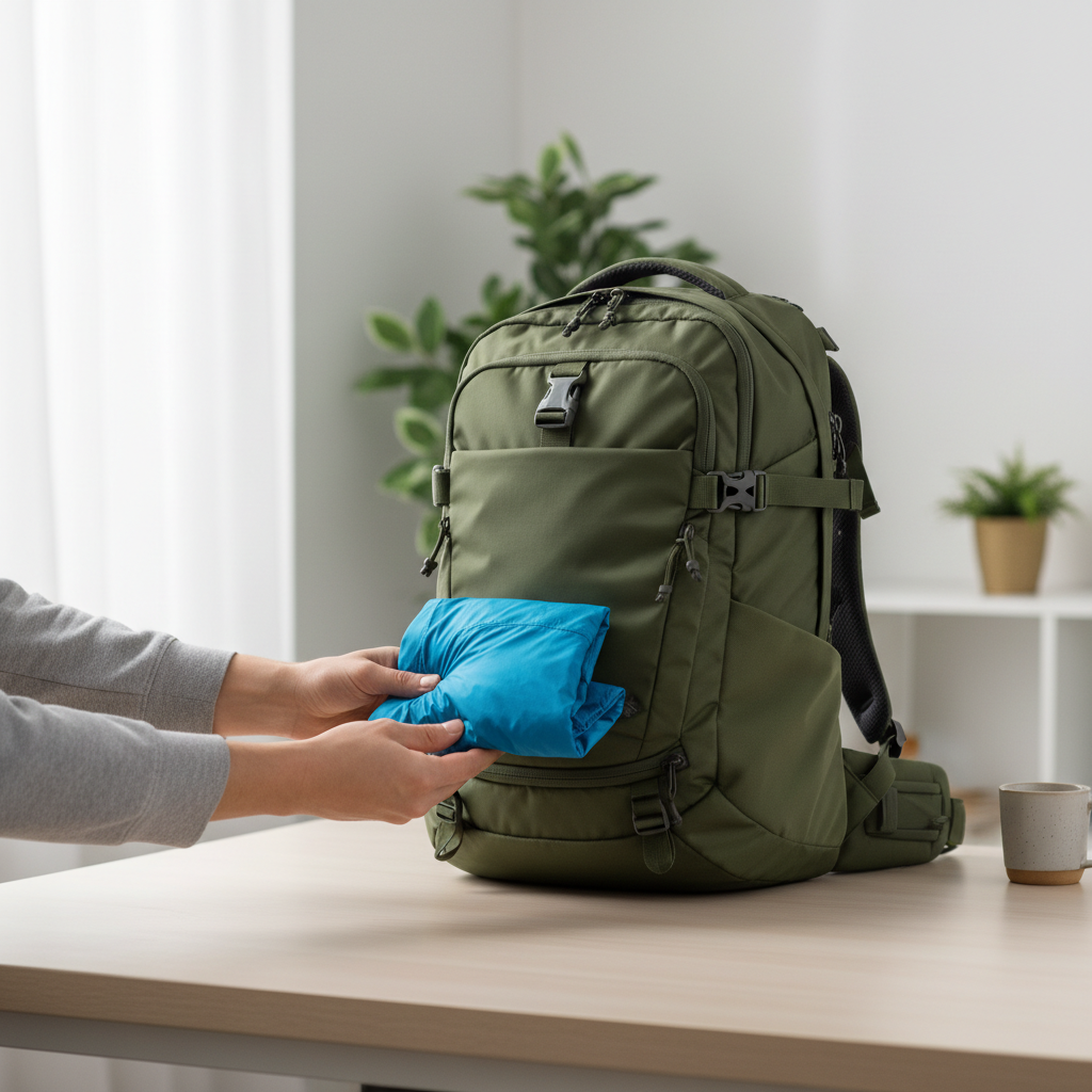 Compact rain jacket folding for small space in a travel backpack