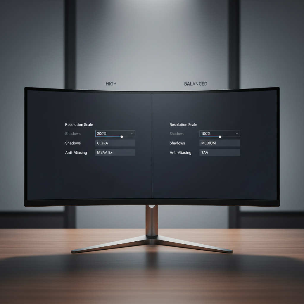 VR game graphics settings comparison showing resolution, shadows, and anti-aliasing