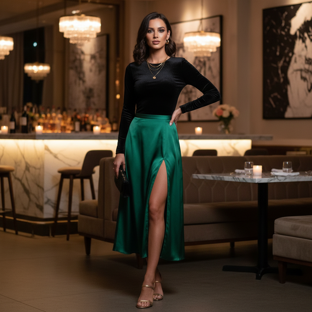 Date night midi skirt outfit with satin skirt and heeled sandals
