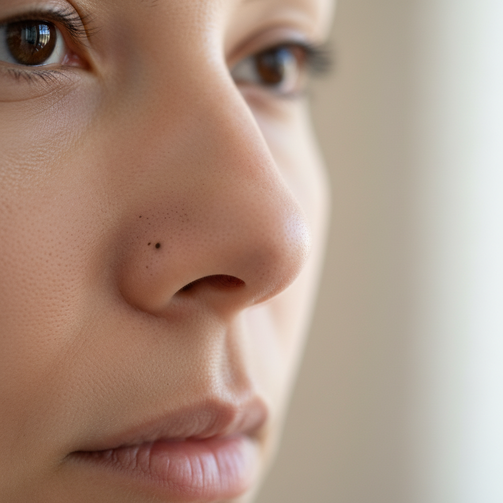 Close-up of blackheads on nose and visible pores in natural lighting