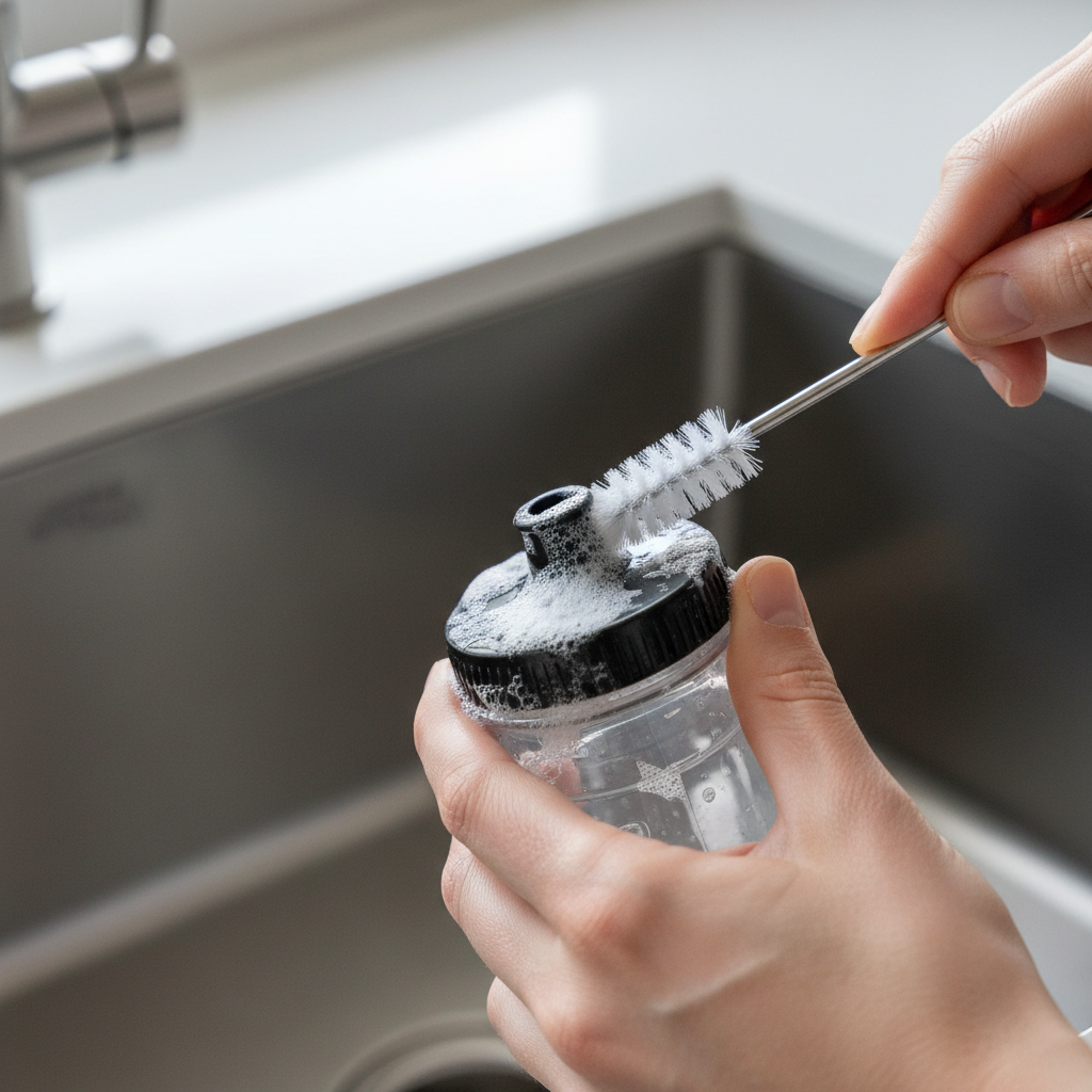 Close-up of cleaning a bike bottle nozzle with a small brush