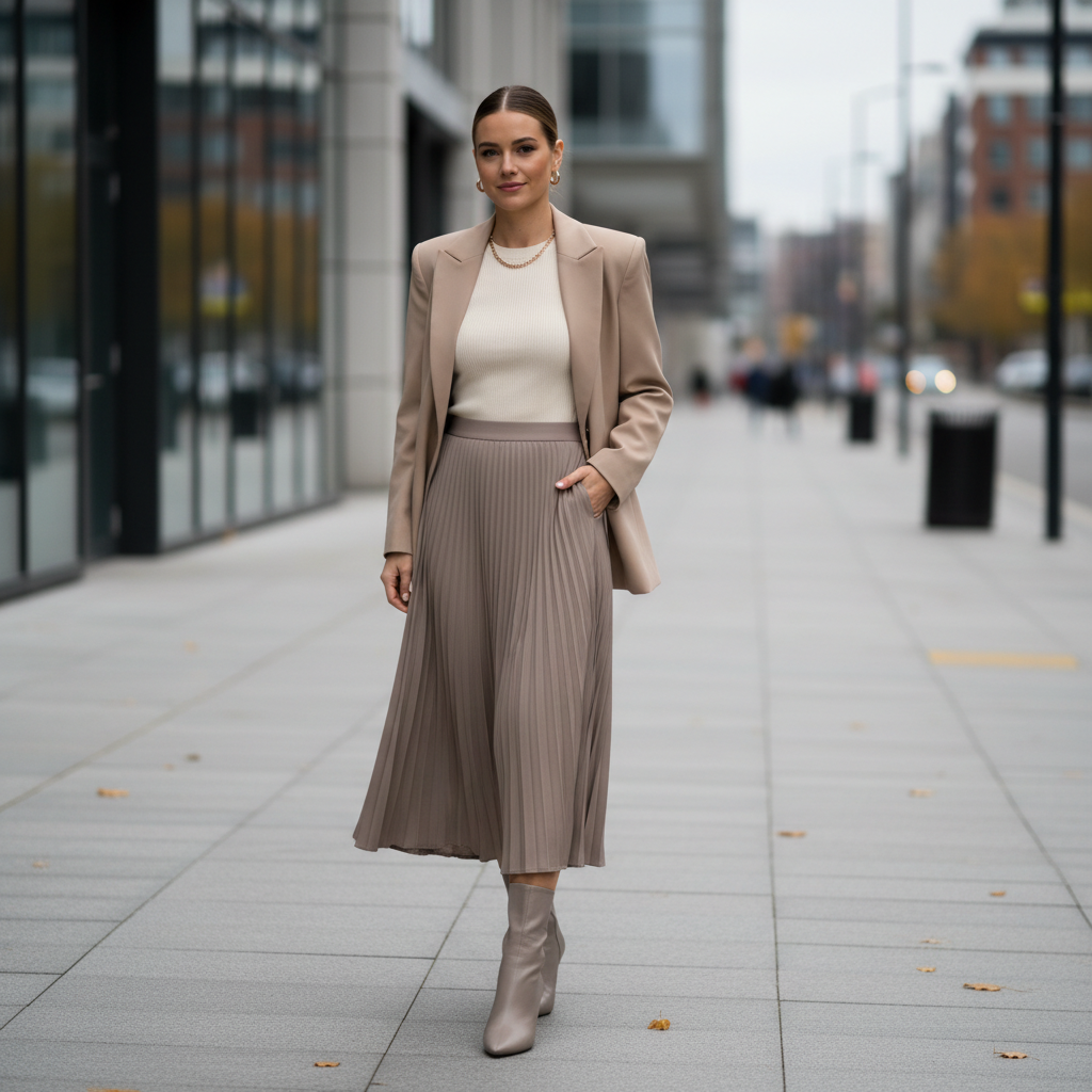 Balanced midi skirt outfit with fitted top and structured blazer
