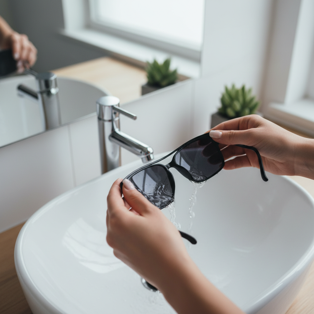 Cleaning sunglasses lenses safely at a sink to avoid scratches