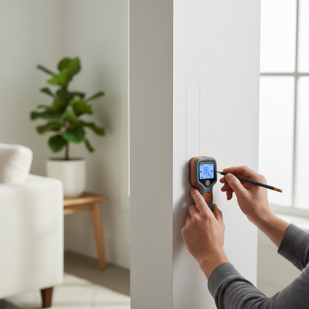 Hands using an electronic stud finder and marking stud edges with a pencil on drywall