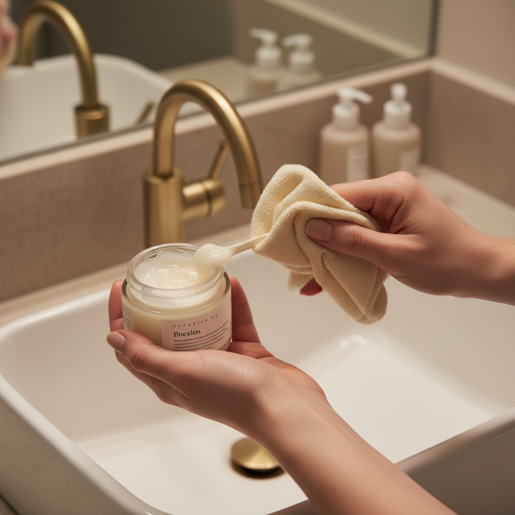 Demonstration of cleansing balm removing makeup with a damp washcloth in a small bathroom