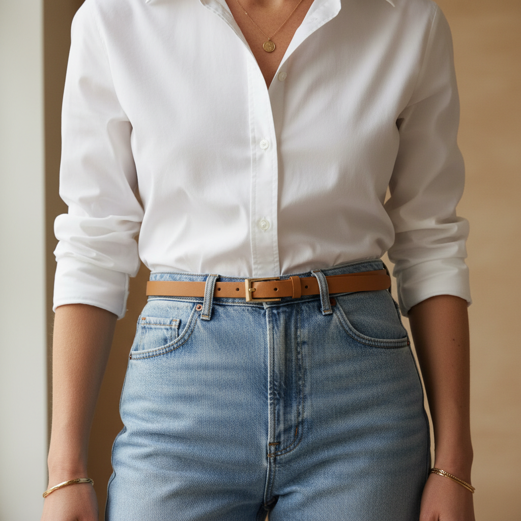 Close-up of white shirt tuck and belt styling detail