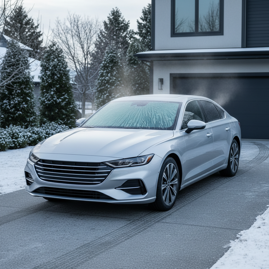 Car windshield covered in ice being safely defrosted with heater settings