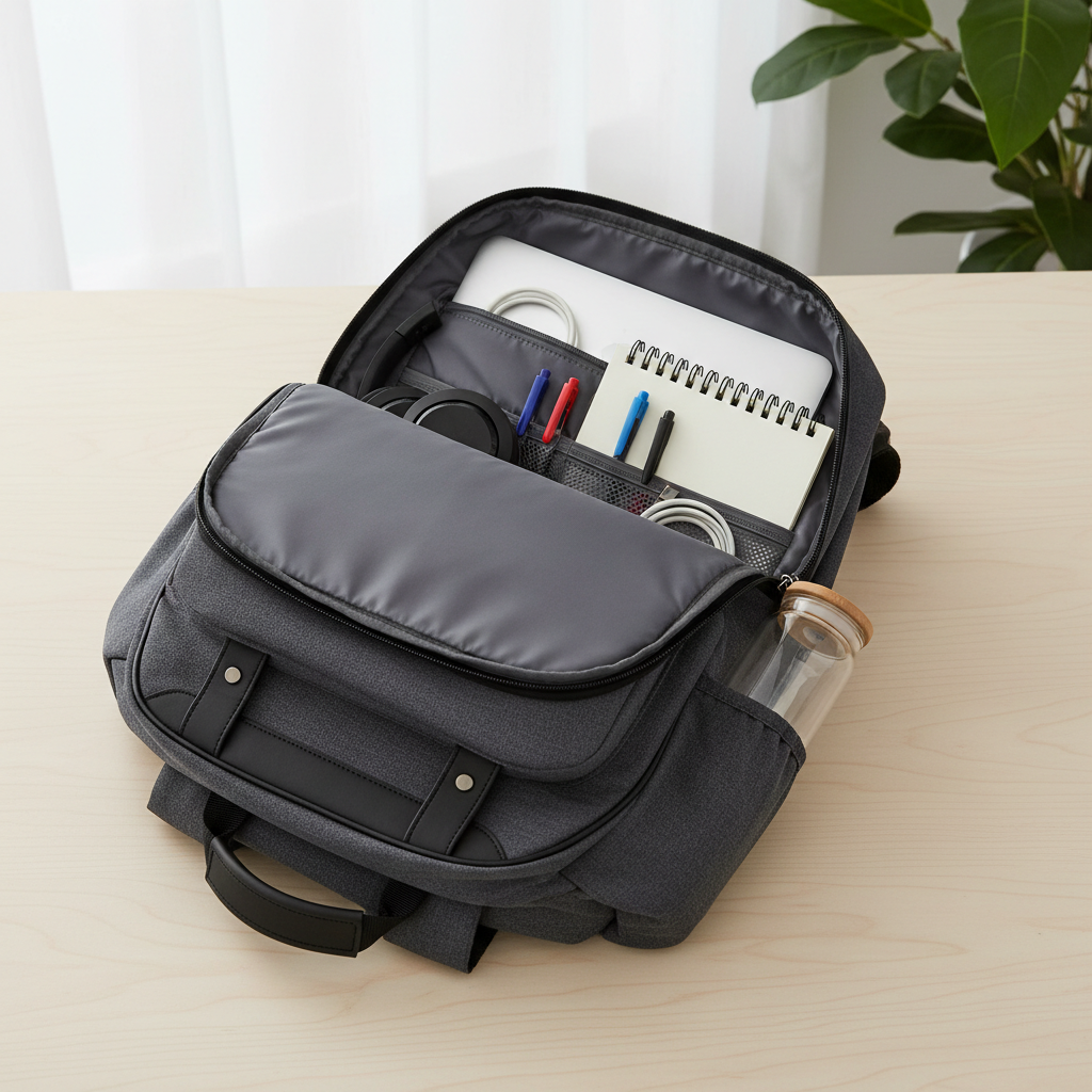 Backpack interior organization with laptop sleeve and pockets