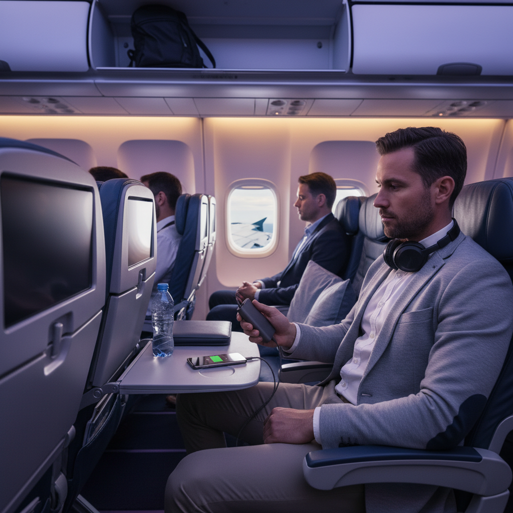Passenger charging a phone with a power bank at an airplane seat