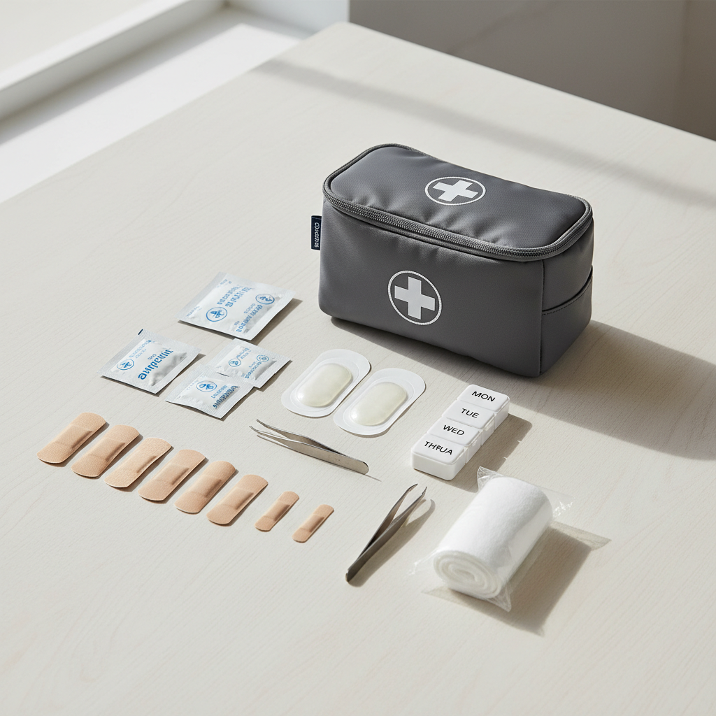 Organized travel first aid kit layout on a table with labeled essentials