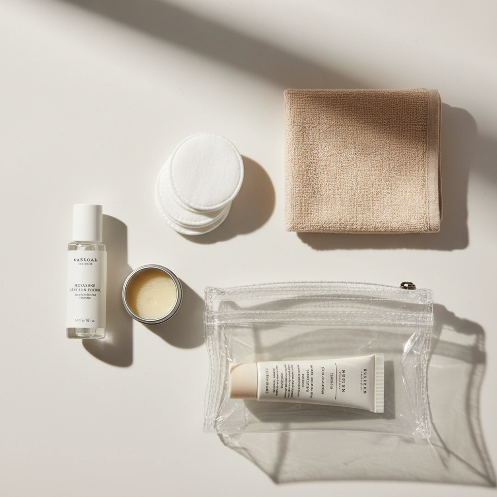 Travel makeup removal essentials laid out on a hotel bathroom counter