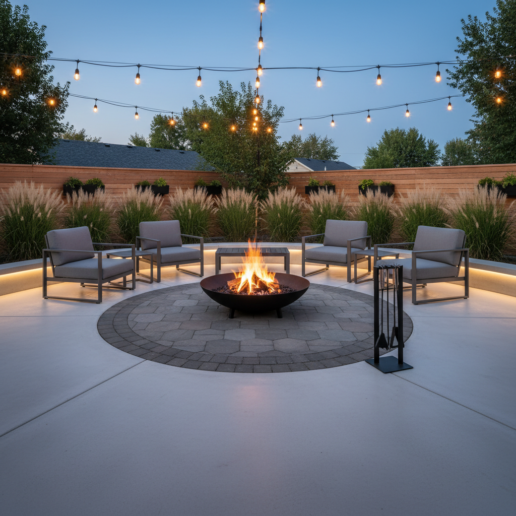 Safe fire pit zone with clear perimeter and tools placed on a stand