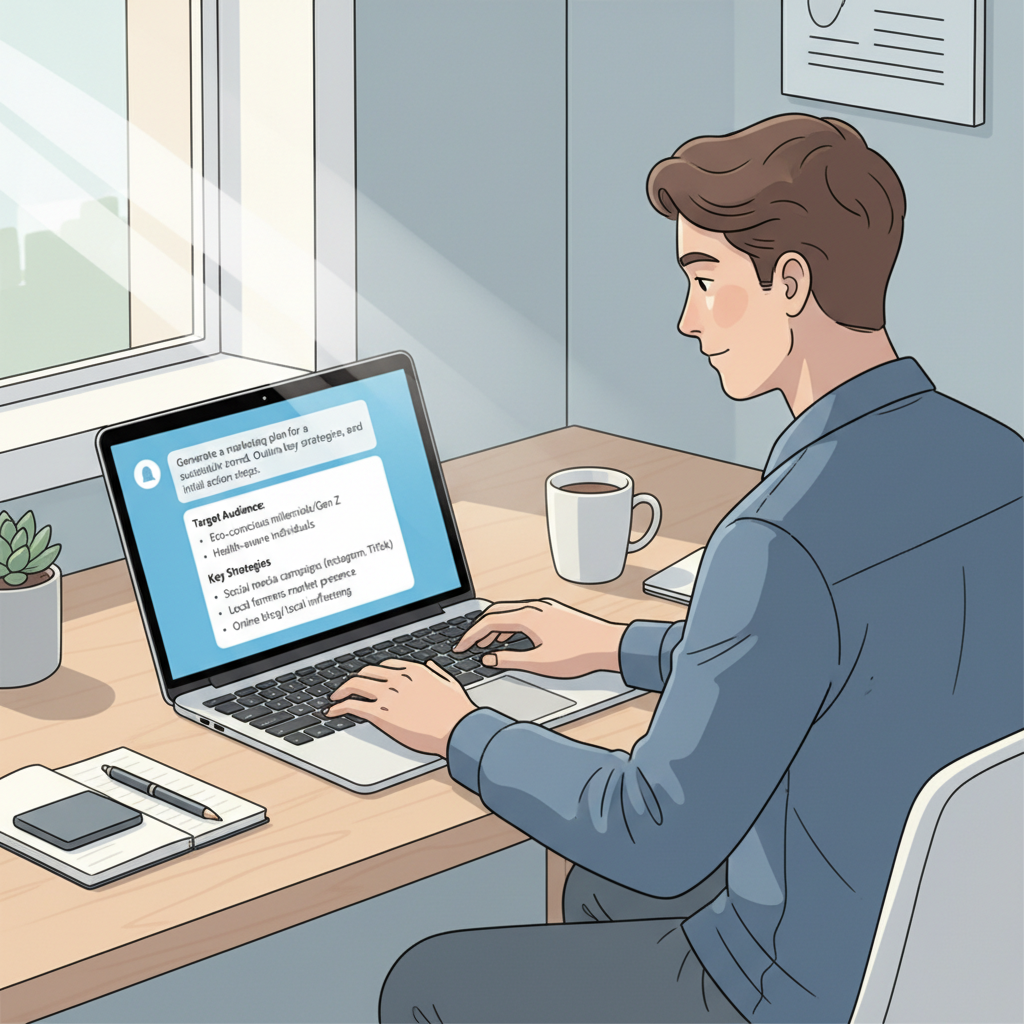 Beginner using Claude AI on a laptop with a clear prompt and structured output