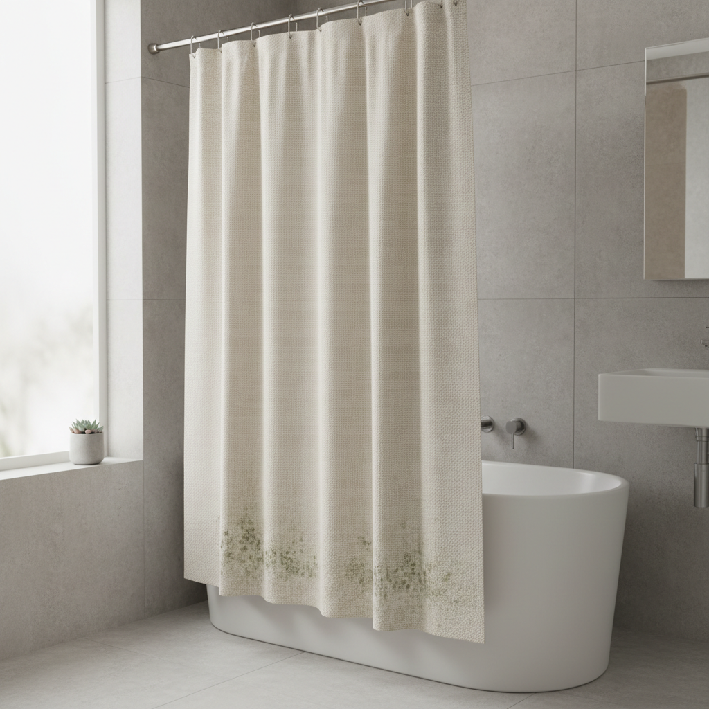 Fabric shower curtain with mildew and soap scum near the bottom hem