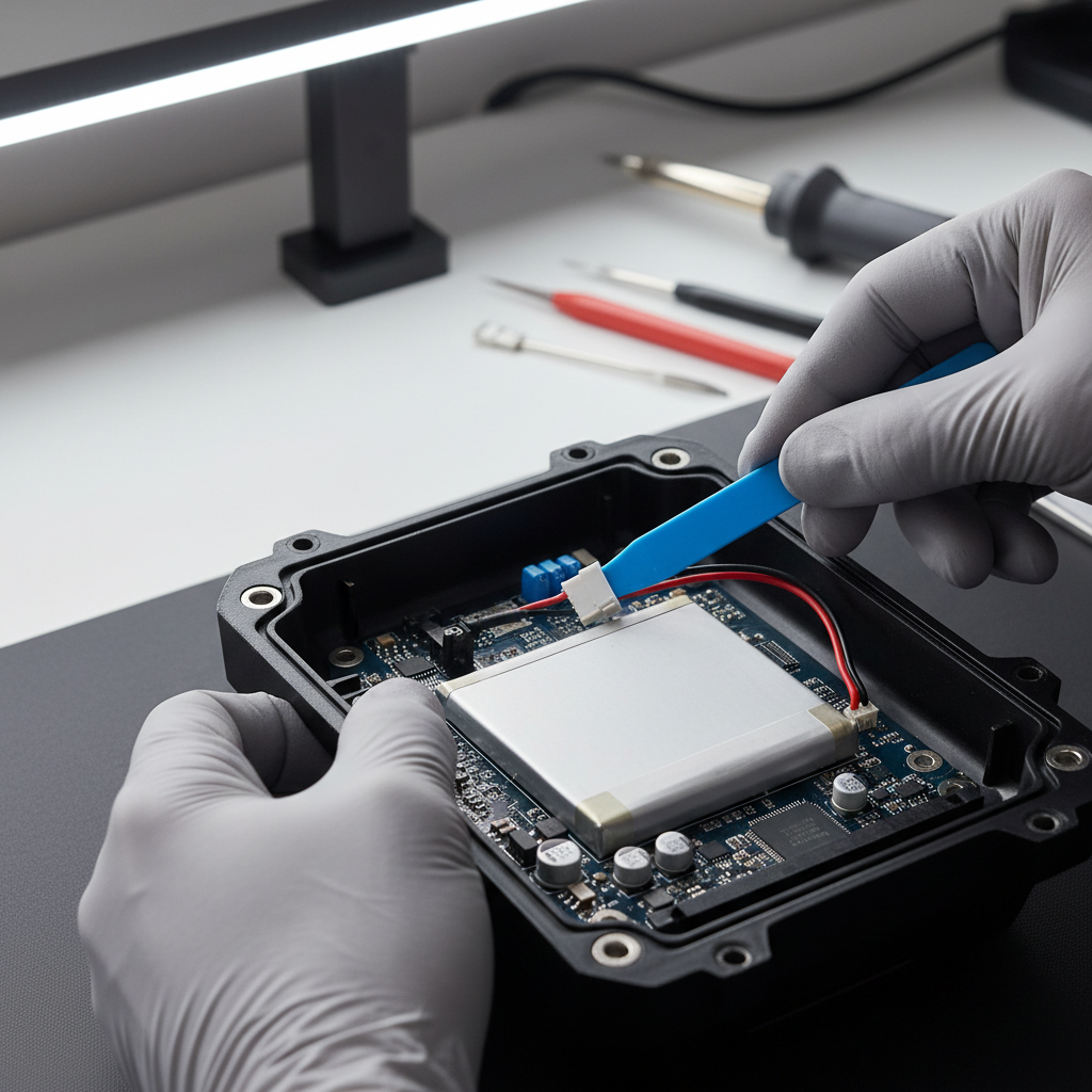 Hands unplugging an internal battery connector inside a rechargeable LED work light