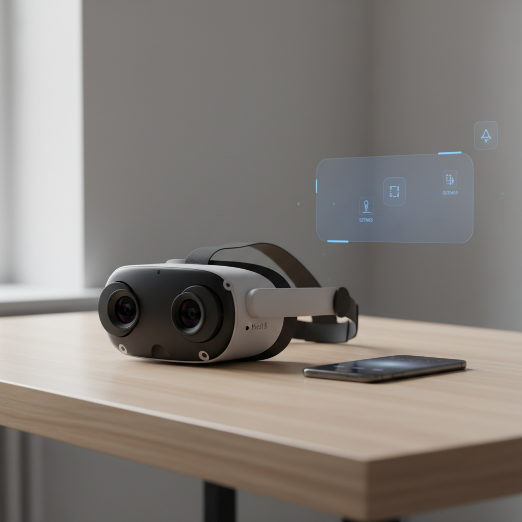Meta Quest 3 headset on a desk showing settings menu concept