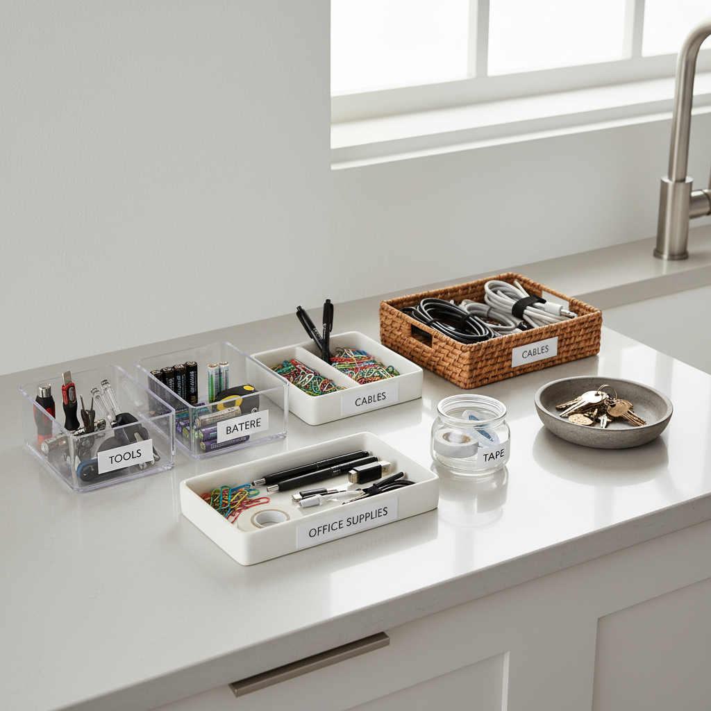 Sorting junk drawer items into labeled piles on a kitchen counter