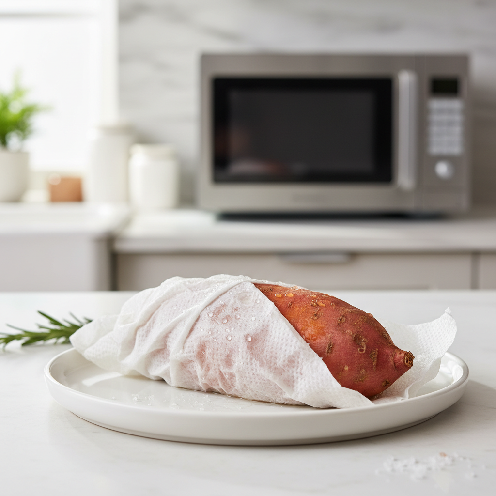 Sweet potato wrapped in a damp paper towel ready for the microwave