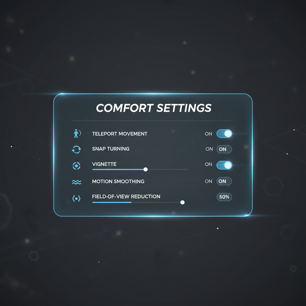 VR comfort settings menu showing vignette, teleport movement, and snap turning