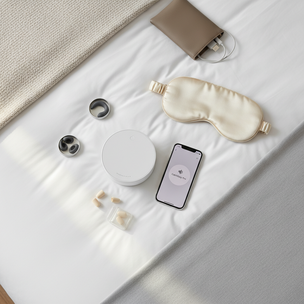 Travel noise-blocking essentials laid out on a hotel bed: earplugs, sleep mask, small white noise device