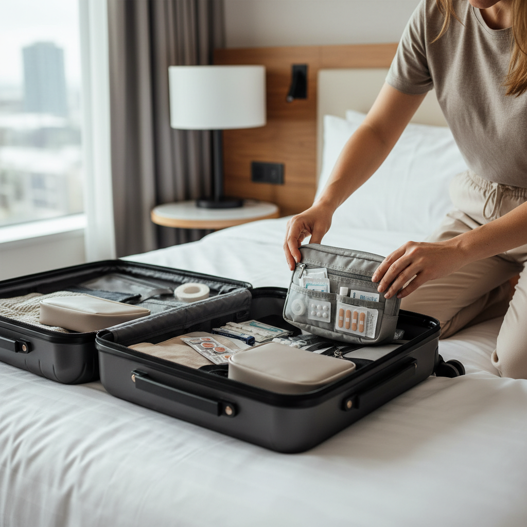 Traveler packing a compact first aid kit into a carry-on suitcase